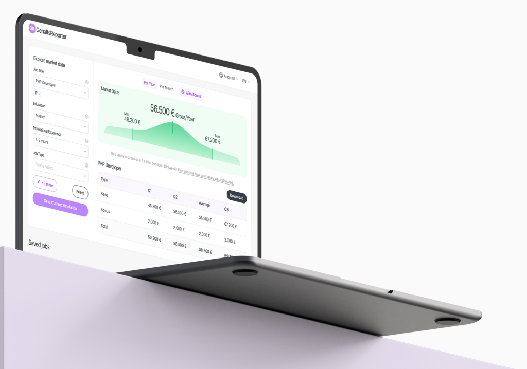 Laptop welcher den Gehaltsreporter Simulator anzeigt.