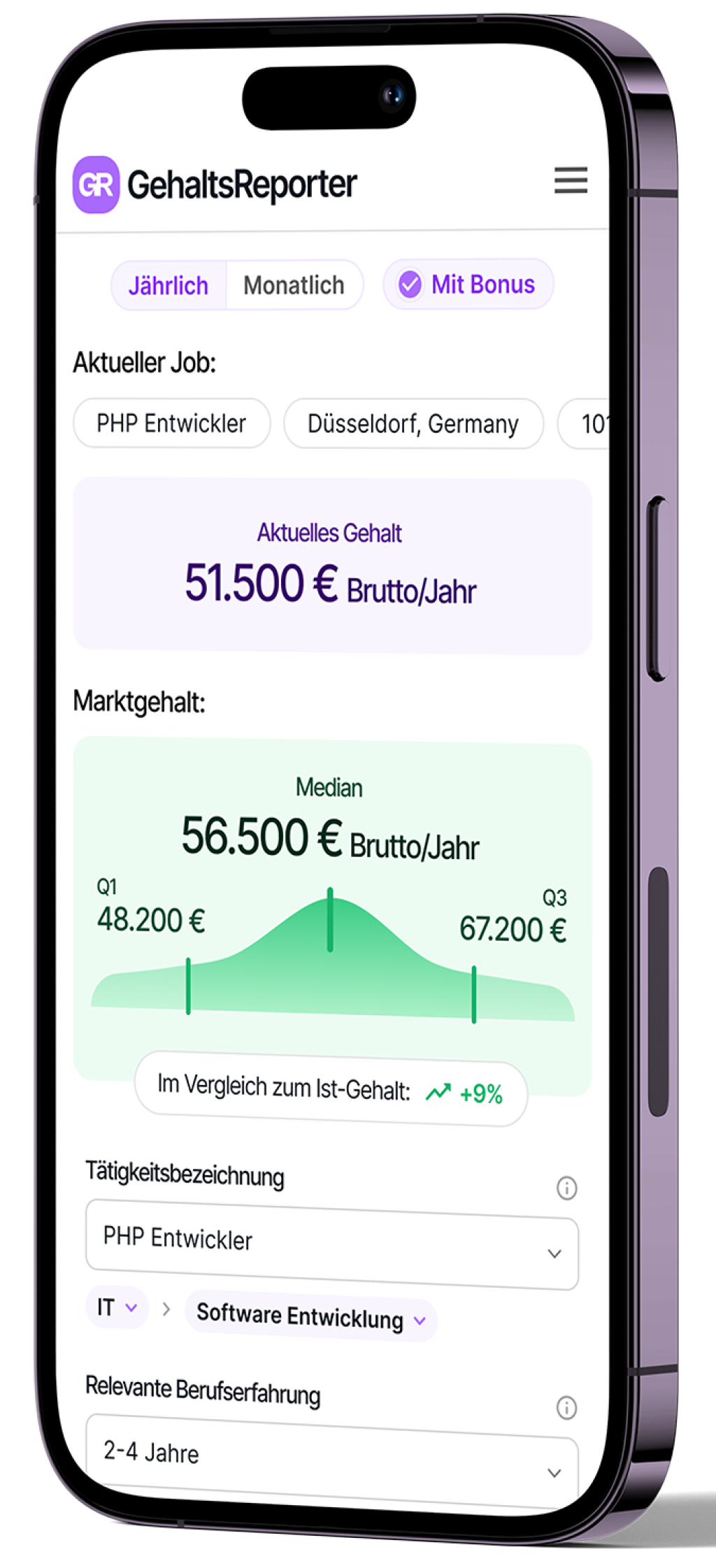 Ein iPhone welches den Gehaltssimulator von Gehaltsreporter anzeigt.